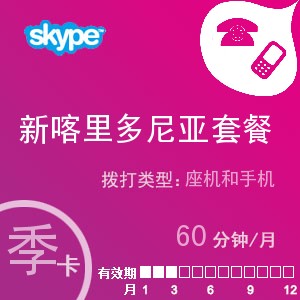 点击购买skype新喀里多尼亚通60季卡充值卡